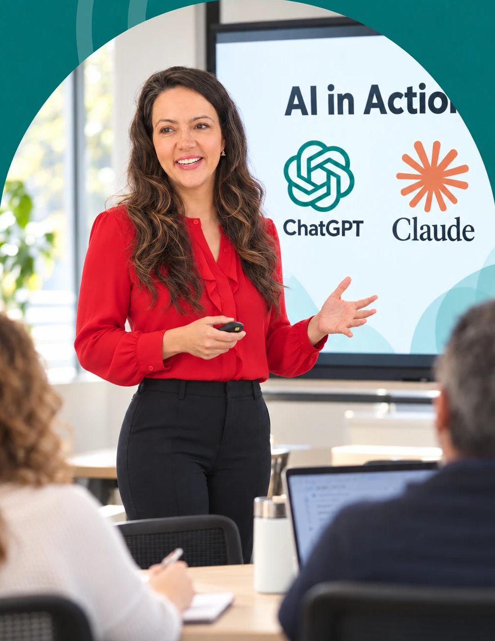 Renee Seltzer teaching an AI class, with ChatGPT and Claude on the screen behind her