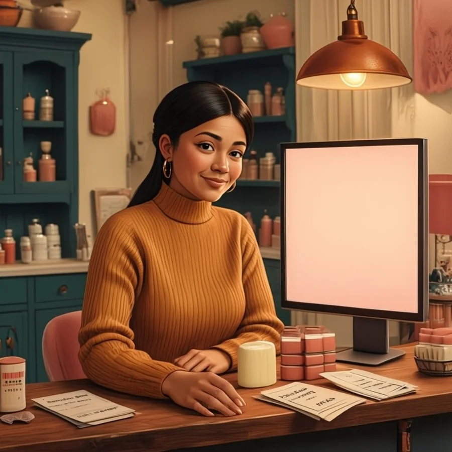 A woman in her late thirties with a dark bob sits at a boutique counter after hours facing a blank glowing monitor, product samples beside her.