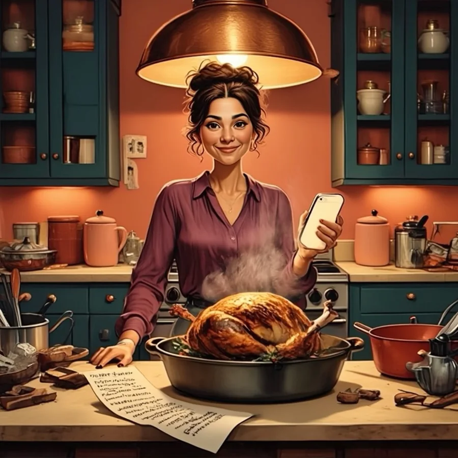 A white woman in her thirties with a messy brown bun stands in a busy kitchen with a turkey in a roasting pan, a long list on the counter and her phone in hand, smiling through mild chaos.