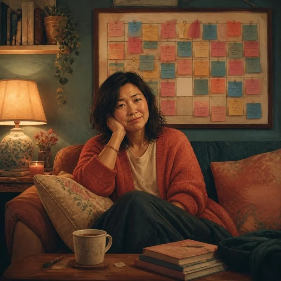 A woman around forty on a couch late at night beside a packed wall calendar with one empty square, tea going cold.