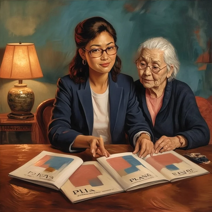 A South Asian woman in her thirties with glossy dark hair and stylish glasses sits at a dining table beside her elderly mother, about 82, with three thick plan booklets spread out between them.