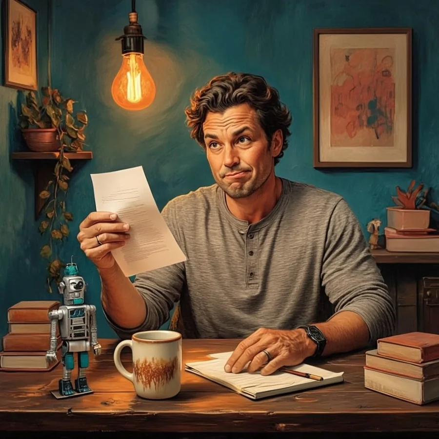 A man in his mid thirties with wavy dark hair holds a printed page at arm’s length with a raised eyebrow, a toy robot on his desk.