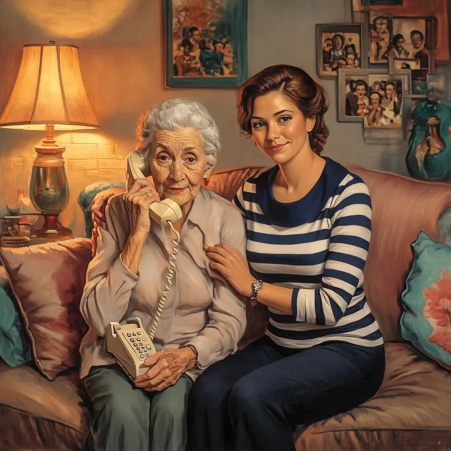 A Filipina woman in her thirties sits beside her elderly mother, about 78, on a sofa.