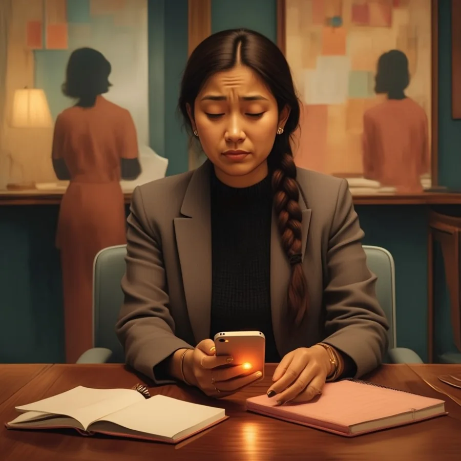 A South Asian woman in her thirties with a long dark braid, in a blazer, sits in an office meeting with a notebook in front of her and glances down at a softly glowing phone in her lap, while a colleague presents in the soft-focus background.