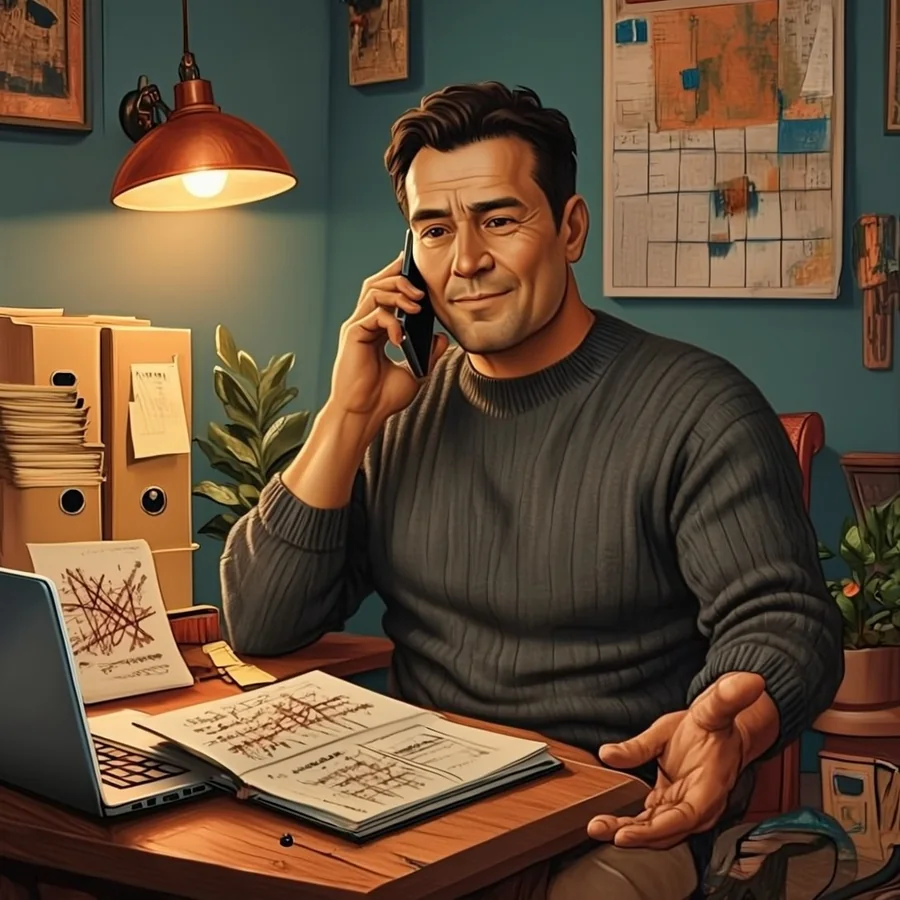 A man in his late thirties in a dark sweater sits at his office desk on the phone, a planner open with plans crossed out and a child's drawing nearby.