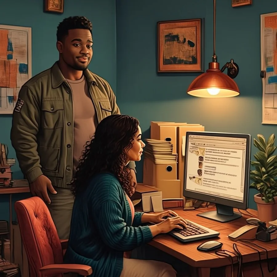 In a small office, a Black man in his thirties with a short beard, the manager, pauses behind an adult employee, a woman about 28, who is pasting from an email into a chat window on a desktop monitor seen from the side.