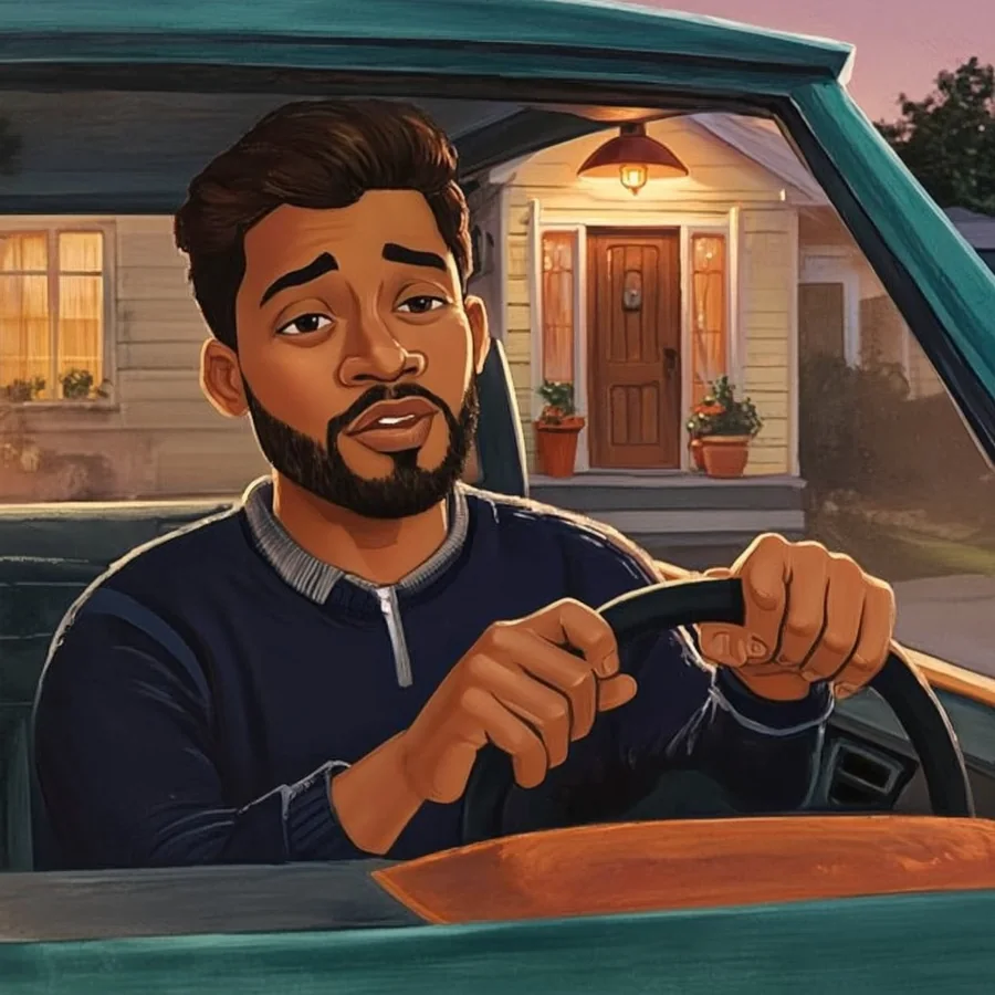 A Black man in his thirties with a short dark beard sits in a parked car outside a suburban house, hands on the steering wheel, rehearsing what to say.