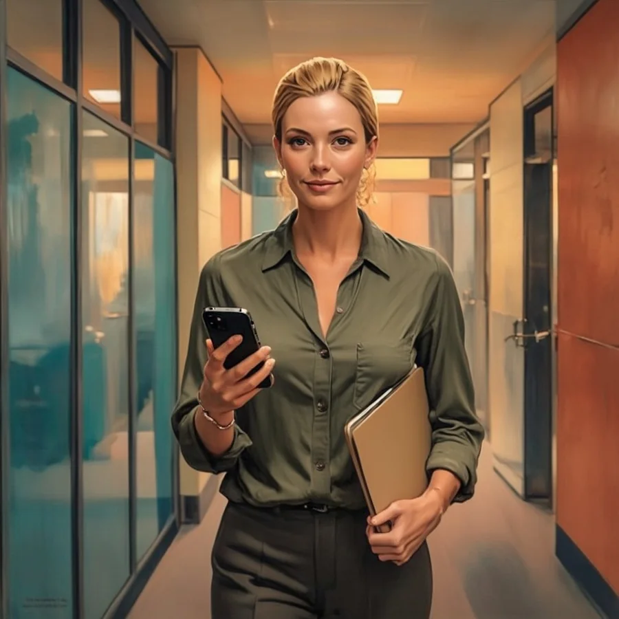 A white woman in her thirties with a sleek golden-blonde bob walks down an office hallway between meetings, reading her phone held in one hand, a folder tucked under her other arm.