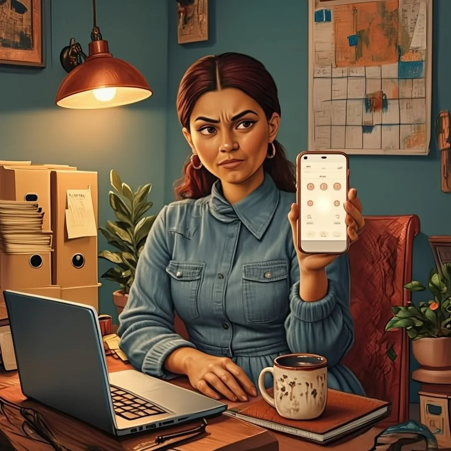 A woman in her late thirties with an auburn ponytail frowns at a phone showing a screen of plain toggle switches at her office desk.
