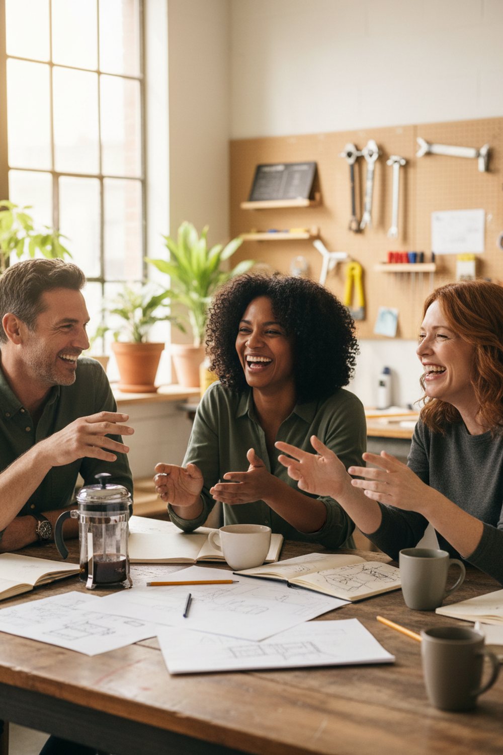 A man and two women laughing over notes at a shared table